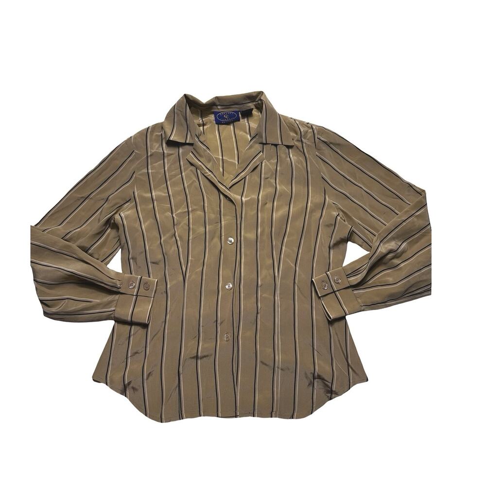 Vintage Chelsea Campbell 100% Silk Striped Button Down Blouse Size 4 Petites